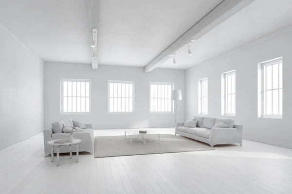 Rendering Ruang Tamu Modern Putih Dengan Sofa — Stok Foto