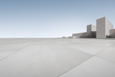 Otopark, boş beton zemin ve 3D fütüristik soyut beton mimari..