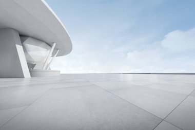 Boş beton otoparklı 3D fütüristik mimari.