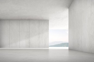Dağ zemininde geniş pencereli boş beton odanın 3d görüntüsü.