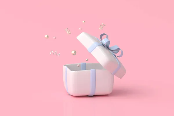 粉红背景蓝带白色开放式礼品盒3D渲染 — 图库照片
