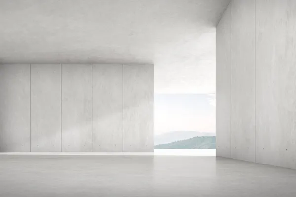 Darstellung Eines Leeren Betonraums Mit Großem Fenster Auf Bergkulisse — Stockfoto