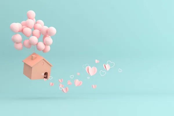 Illustration Von Luftballons Schwimmendes Haus Mit Papierherzen Konzept Der Liebe — Stockfoto