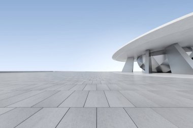 Boş beton zeminli 3D fütüristik mimari, araba sunumu.