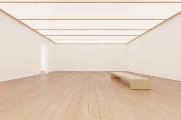 3d rendering of empty gallery room with wooden floor.