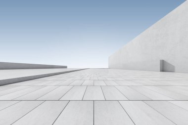 Boş beton zemin ve araba sunumuyla 3D fütüristik mimari arkaplan oluşturma.