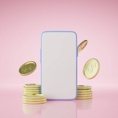 illustration of a smartphone with coins on pink background.