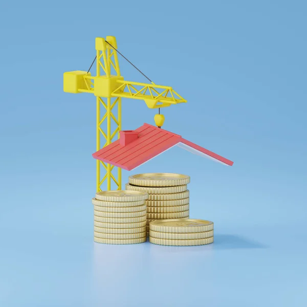Render Gold Coins House Roof Lifting Tower Crane — Stockfoto