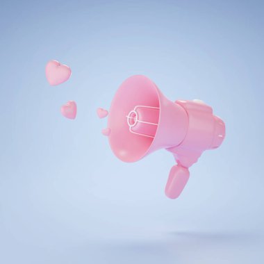 3D megafon ve kalp. Aşk konsepti.