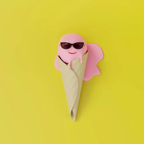 Render Derretir Helado Rosa Con Gafas Sol Plano Lay Concepto — Foto de Stock