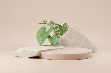 Taş ve küçük bitkinin bir ürün podyumu oluşturması, kozmetik sunumu. 3d oluşturma.