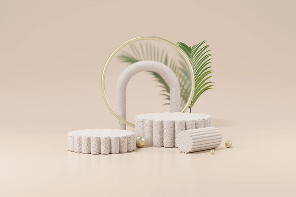 Mock up of stone and small plant forming a product podium, Cosmetic presentation. 3d rendering.