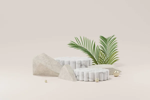 石と製品の表彰台 化粧品のプレゼンテーションを形成する小さな植物のモックアップ 3Dレンダリング — ストック写真