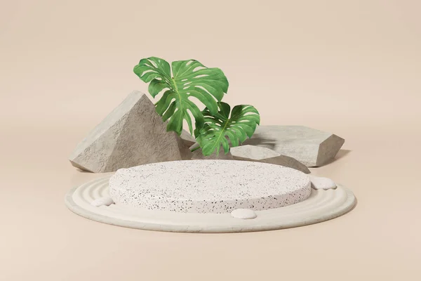 石と製品の表彰台 化粧品のプレゼンテーションを形成する小さな植物のモックアップ 3Dレンダリング — ストック写真