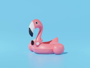 Flamingo mavi arka planda şişirilebilir. Yaz asgari konsepti. 3d oluşturma