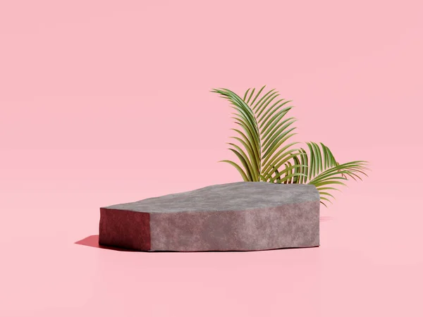 3d rendering of stone podium and plant for product presentation.