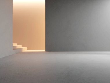 Üç boyutlu boş beton oda, aydınlatma ışığı ve duvarda gölgesi var. Çağdaş mimari tasarımı.