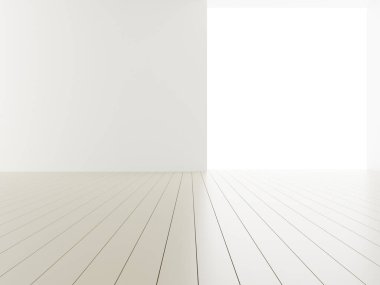 Üç boyutlu boş oda ve ahşap zemin. Çağdaş iç arkaplan.