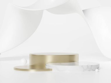 Beyaz soyut dinamik arkaplan, güzellik ve kozmetik ürünlerinin sergilendiği 3D kaide podyumu..