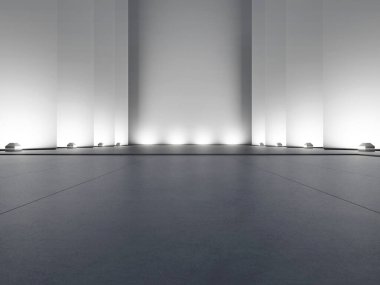 Üç boyutlu boş beton oda, aydınlatma ışığı ve duvarda gölgesi var. Çağdaş mimari tasarımı.