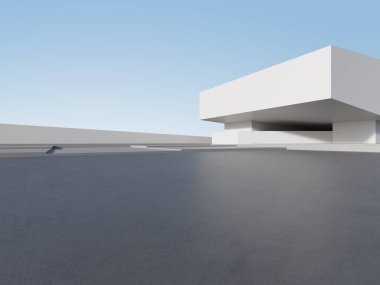 Boş beton duvar ve zemin ile modern mimarinin 3D görüntüsü, araba sunumu arka planı.