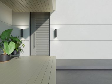 Büyük ahşap verandalı ve beton duvarlı modern ev girişinin üç boyutlu görüntüsü..