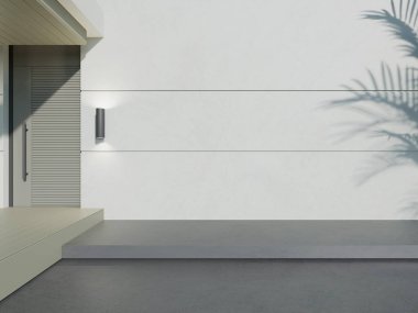 Büyük ahşap verandalı ve beton duvarlı modern ev girişinin üç boyutlu görüntüsü..
