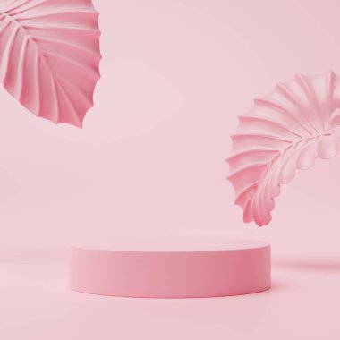 Pembe arka plandaki ürün sunumu için gerçeküstü pembe yapraklı geometri podyumunun taklidi. 3d oluşturma.