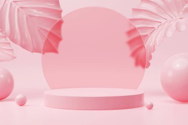 Pembe arka plandaki ürün sunumu için gerçeküstü pembe yapraklı geometri podyumunun taklidi. 3d oluşturma.