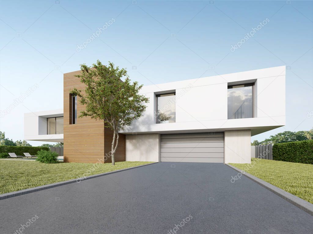 3d rendering of modern luxury house with garage door and concrete floor.