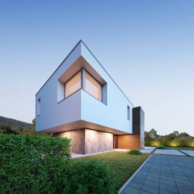 Gece vakti çimenlik bahçesi ve beton zemini olan modern lüks evin 3 boyutlu canlandırması..