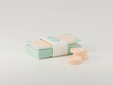 3 boyutlu bozuk para ve demet para. Mali konsept.