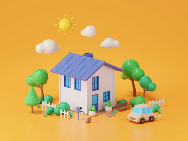 Render Suburban House Car Garden Sun Clouds Orange Background — Zdjęcie stockowe