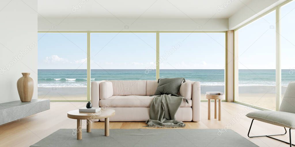 3d rendering of modern living room with sofa on wooden floor. Sea view background.