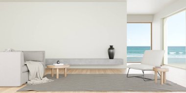 3d rendering of modern living room with white empty wall and sofa on wooden floor. Sea view background.