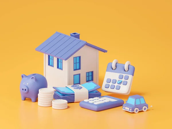 Rendering House Piggy Bank Calculator Calendar Money Real Estate Concept — Stockfoto