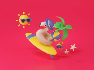 3d render of surfboard and beach accessories, Summer concept.
