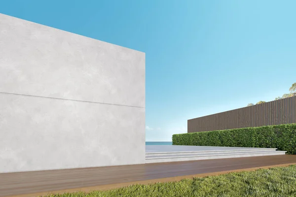 Empty concrete terrace with building wall on sea background. 3d rendering.