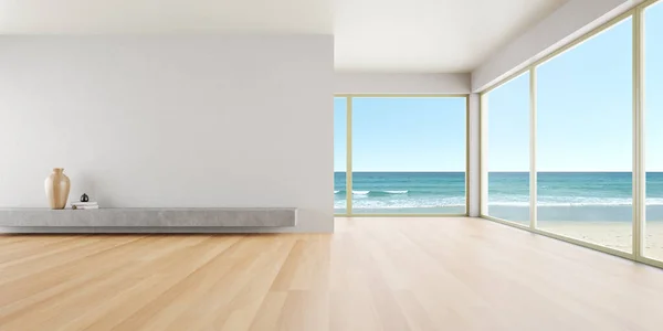 3d rendering of modern living room with white empty wall and wooden floor. Sea view background.