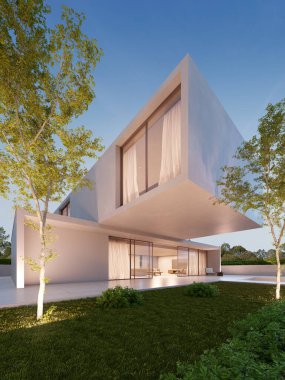 3d rendering of modern luxury house with swimming pool and marble terrace in the night time.