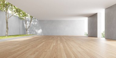 3d rendering of empty room with wooden floor and concrete wall.