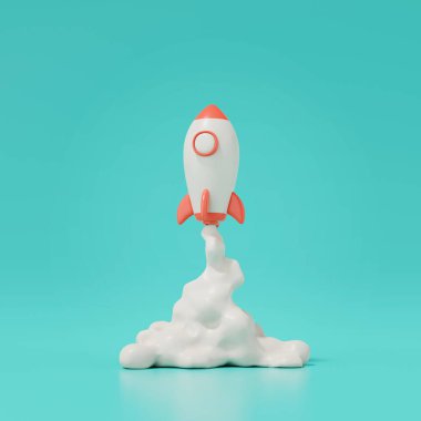 Yeşil arkaplanda 3 boyutlu roket fırlatma görüntüsü izole edildi.