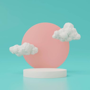 Yeşil zemin üzerinde bulutlar olan 3D yuvarlak podyum çizimi.