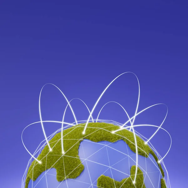 3d render of green planet earth with wireless communication network.