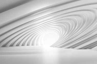 Soyut fütüristik mimari tasarımın 3D görüntüsü. Araba sunumu için beyaz beton zemin.