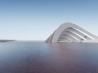 Soyut fütüristik mimarinin beton zeminli 3D görüntüsü. Araba sunumu.