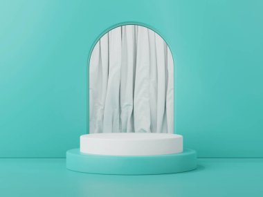 Ürün sunumu için 3 boyutlu geometri gösterisi podyumu ve beyaz perde.