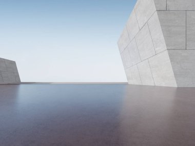 Boş beton duvar ve zemin ile modern mimarinin 3D görüntüsü, araba sunumu arka planı.