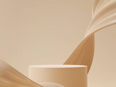 Kahverengi fondöten kremi, güzellik ve kozmetik ürünlerinin sergilendiği 3D kaidesel podyum.