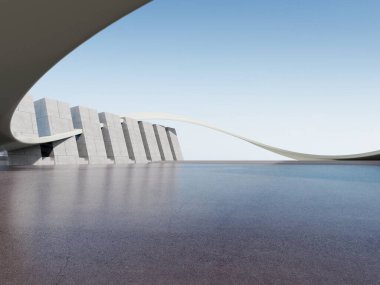 3d render of abstract futuristic architecture with concrete floor.